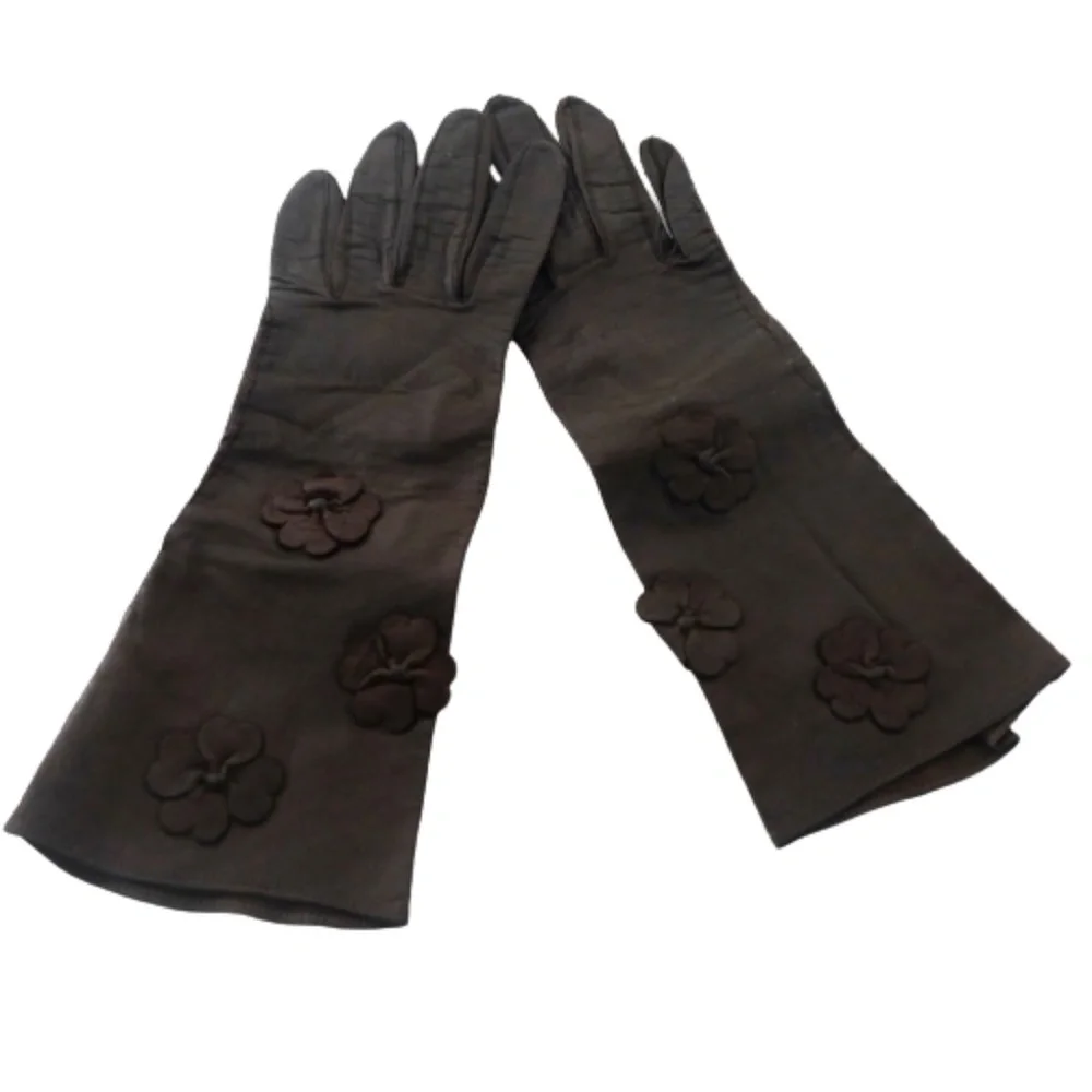 VINTAGE 1950s LEATHER LADIES’ GLOVES w/THREE FLOWERS~11”~BLACK/BROWN~SIZE 6 3/4